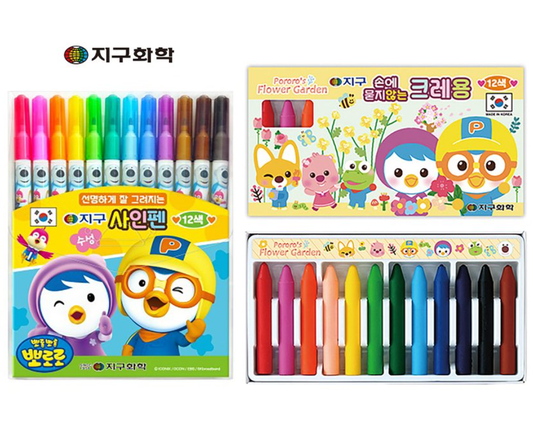 Pororo 12-Color Marker Pen / Smudge-Free Crayon 지구 뽀로로 12색 사인펜 / 손에 묻지 않는 크레용 세트